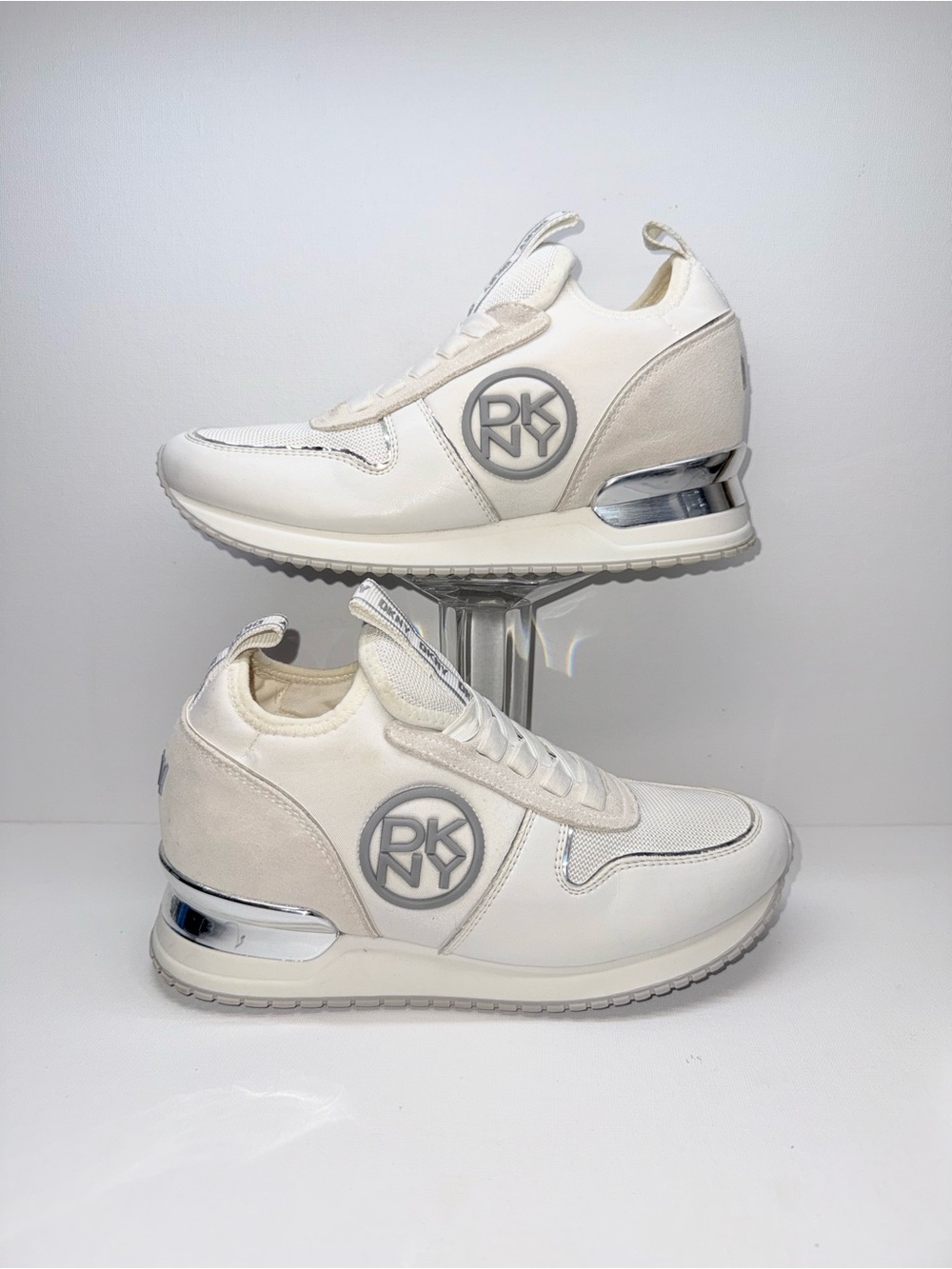 DKNY White and Light Gray Wedge Sneakers